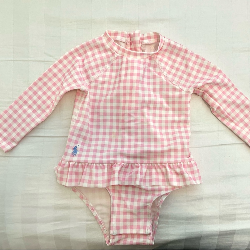 Ralph Lauren Baby Girl Gingham Ruffled One Piece Rash Guard Swimsuit - Picture 2 of 4